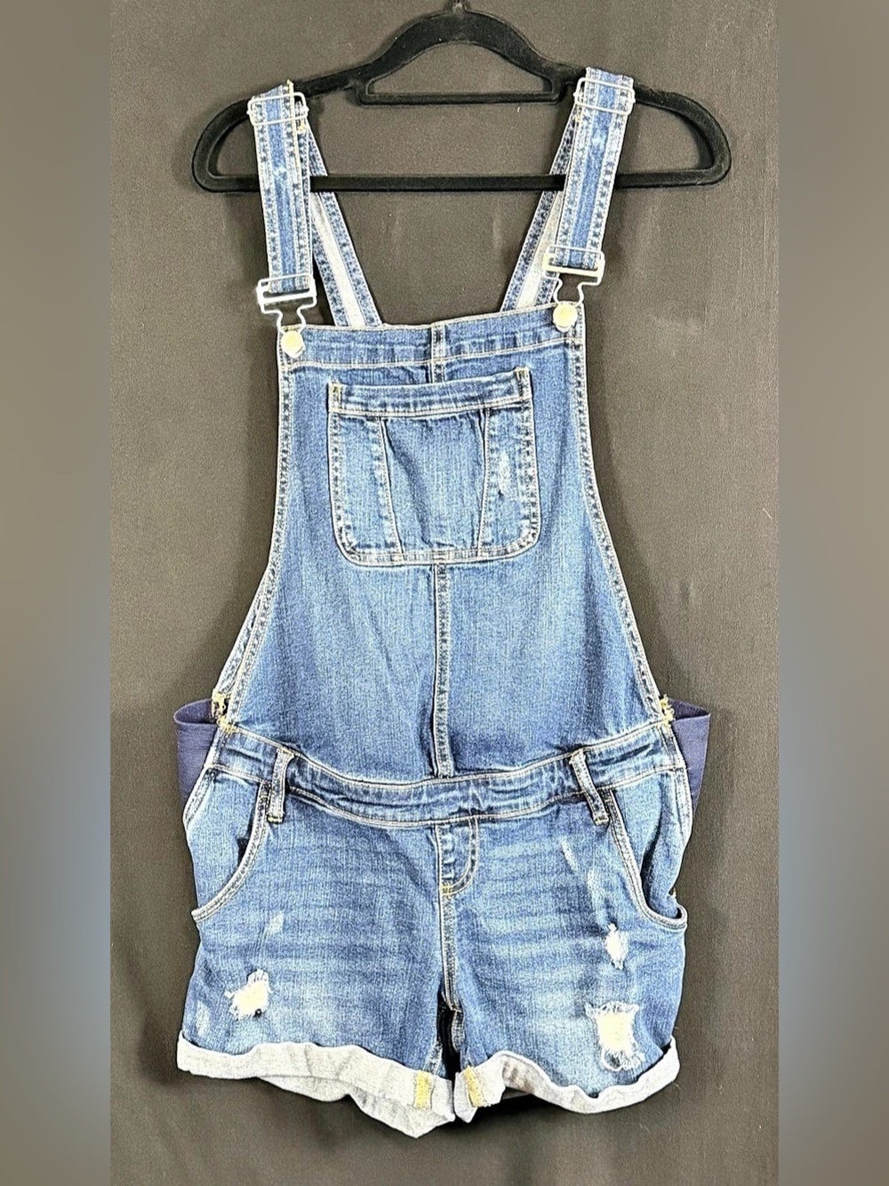 Indigo Blue Maternity Denim Bib Overalls Shorts Size XS Blue Elastic On Hips